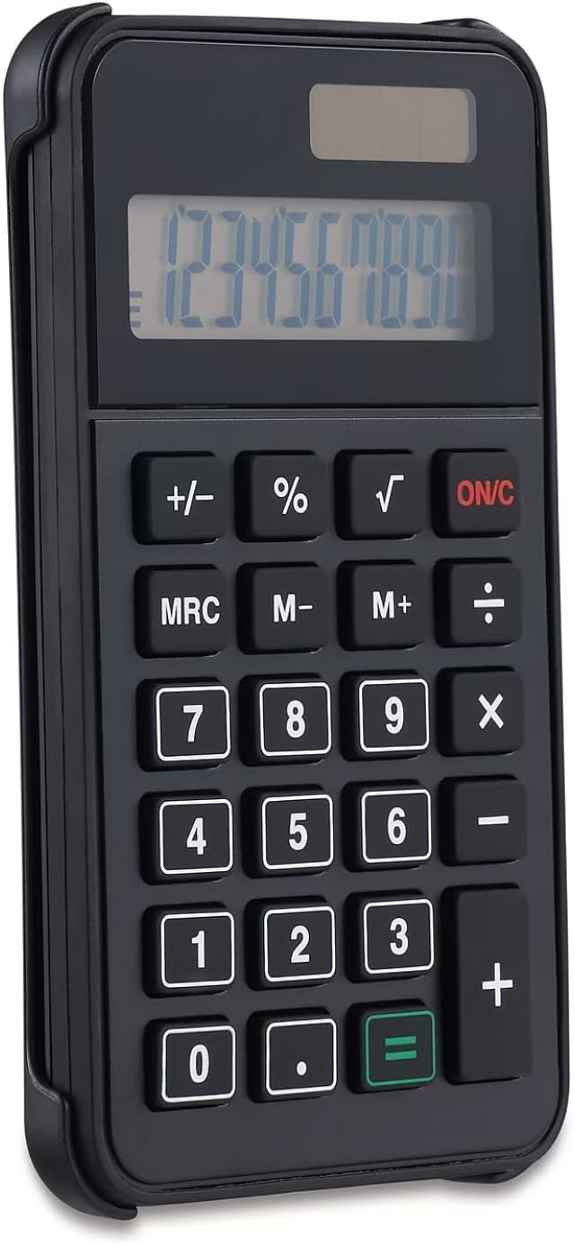 1InTheOffice 10 Digit Pocket Calculator, Dual Powered Handheld (Solar and Battery), Black, 1 Pack
