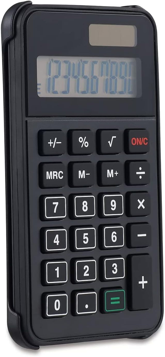 1InTheOffice 10 Digit Pocket Calculator, Dual Powered Handheld (Solar and Battery), Black, 1 Pack