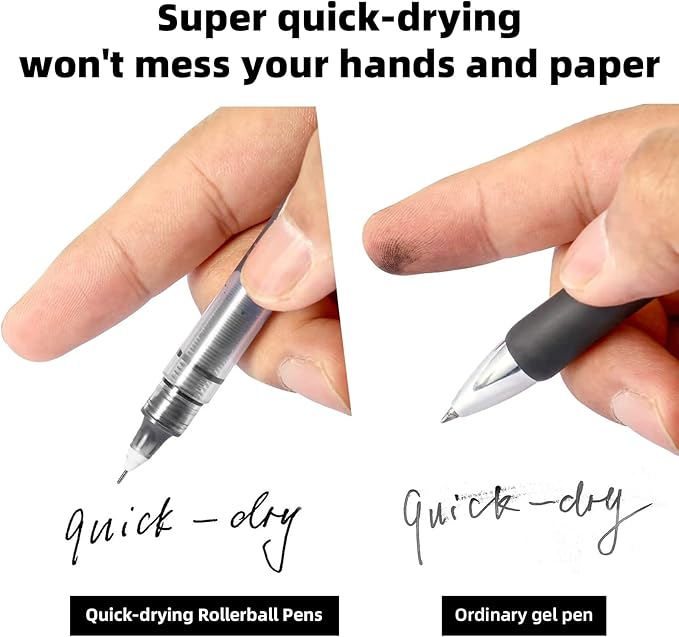 12 Pieces Rolling Ball Pens, Quick Dry Ink 0.5 mm Extra Fine Point Pens Liquid Ink Pen Rollerball Pens Black