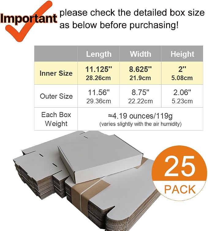 Corrugated Mailers, 11 1/8" x 8 5/8" x 2"(Inner Size), 25 Pack, Cardboard Shipping Boxes, Oyster White (CM1182-25)