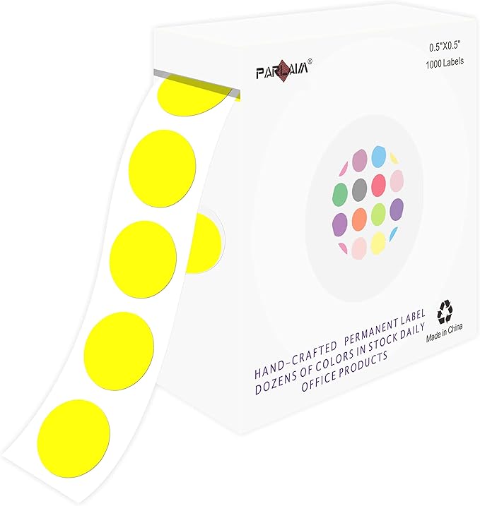 PARLAIM 1/2" Yellow Round Color Coding Circle Dot Labels on a Roll, 1000 Stickers in Plastic Dispenser Box, 0.5 inch Diameter
