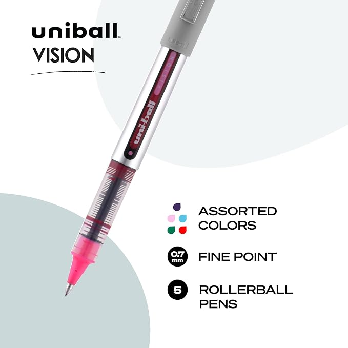 Uni-Ball 60381PP Vision Rollerball Pens, Fine Point (0.7mm), Fashion Colors, 5 Count