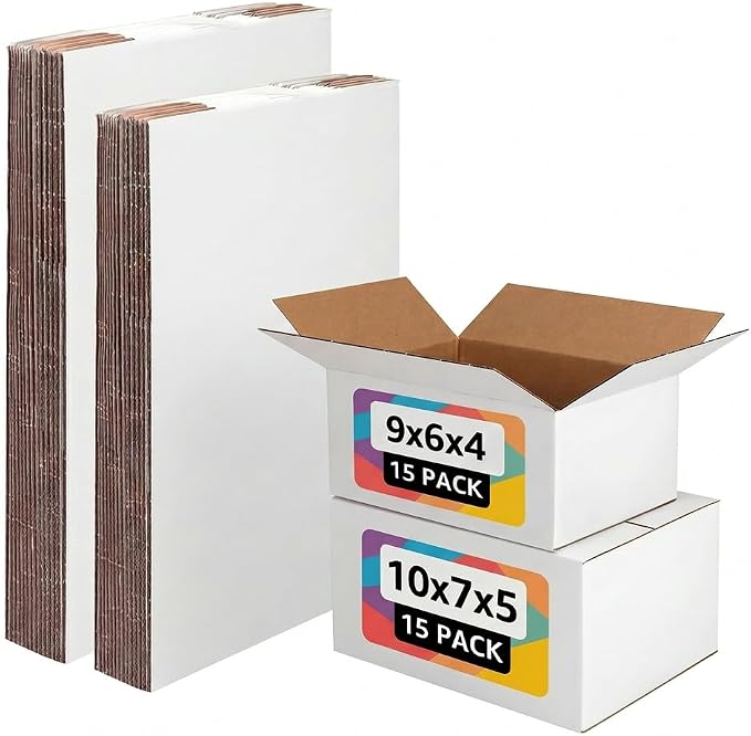 30 Pack 9x6x4, 10x7x5 Assorted Sizes Shipping Boxes for Small Business, Each Size 15 Pack, White Corrugated Cardboard Small Box for Packaging, Moving, Mailing, and Storing
