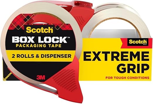 Scotch Box Lock Packaging Tape, 2 Rolls with 1 Refillable Dispenser, 1.88 in x 54.6 yd, Extreme Grip, Sticks Instantly to Any Box (Pack of 6)