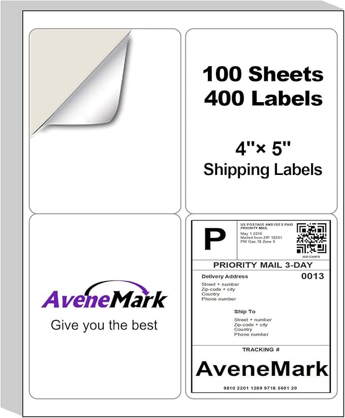 4" x 5" Shipping Labels – 100 Sheets, 400 Labels – 4 Per Page – Compatible with Laser & Inkjet Printers – Permanent Adhesive Address Labels for Shipping, Mailing & Organization