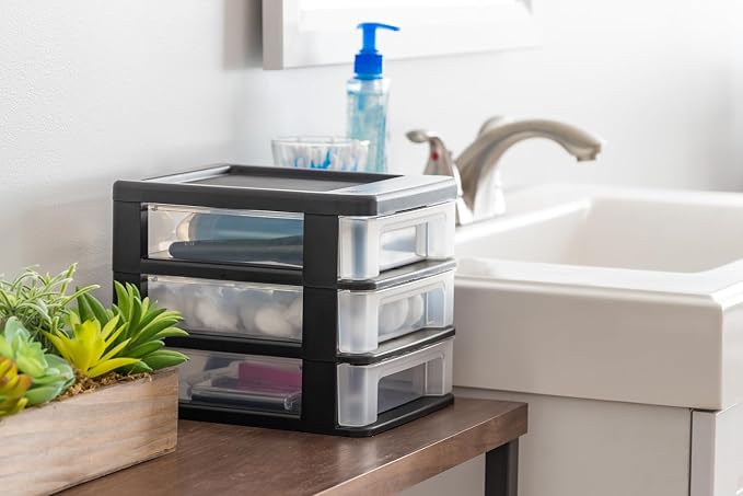 IRIS USA 2-Pack, 3-Drawer Small Plastic Stacking Desktop Organizer, Black | Keep dorm desks tidy with drawers for school supplies, makeup, chargers, snacks and everyday college essentials