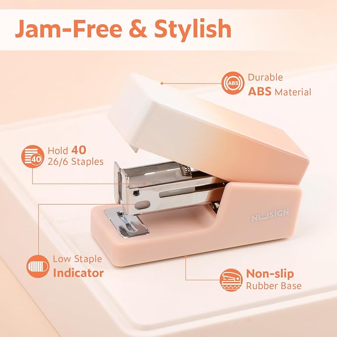 NUSIGN Mini Stapler with 830 Staples, Small Cute Desk Staplers, 25 Sheet Capacity, Pink-White Gradient