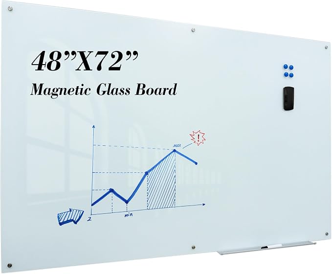 Magnetic Glass Dry Erase White Board, 72" W x 48" H Whiteboard with Accessories, Large Frameless Wall Mounted for Office, Home, School