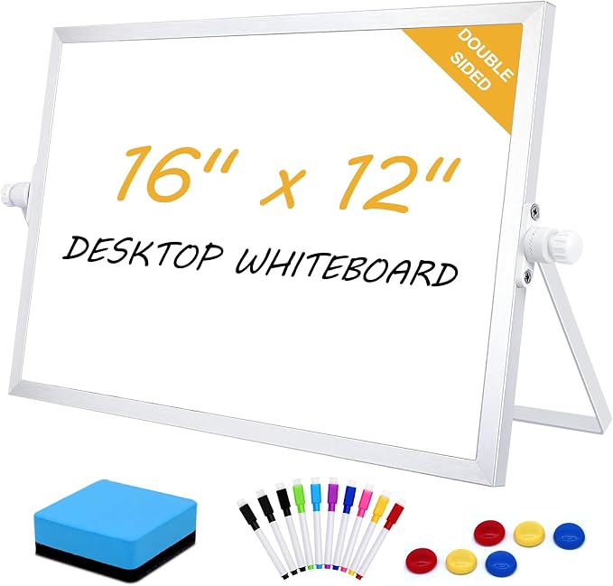 Desk White Board, Whiteboard with Stand, Small White Dry Erase Board | 16" x 12" Double Sided White Board Dry Erase, Portable Small White Board, Desktop White Board for Home, School, Office