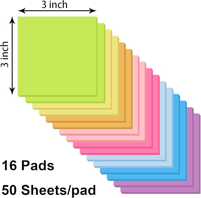 16 Pads Sticky Notes 3x3 Inches, Bright Colors Self-Stick Pads, Sticky Note Pads, Easy to Stick for Home, Office, Notebook
