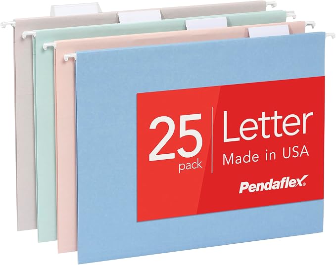 Pendaflex Hanging File Folders, 25 Pack, Letter Size (8.5" x 11"), Assorted Colors: Khaki, Peach, Light Blue, Light Green, 5 Tab Positions, Reinforced, Includes Tabs and Inserts, Durable Hanging Files