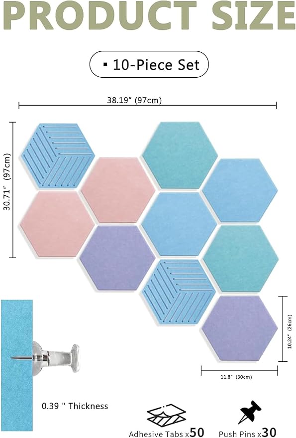 Hexagon Cork Board Tiles for Office Walls Decor 10 Pack 11.81" X 10.24" | Traceless Nano Adhesive Tabs, 0.39 " Thickness Specification, Cover 6.3 Ft² Area, Photo Memory Display, Vision Board Creation