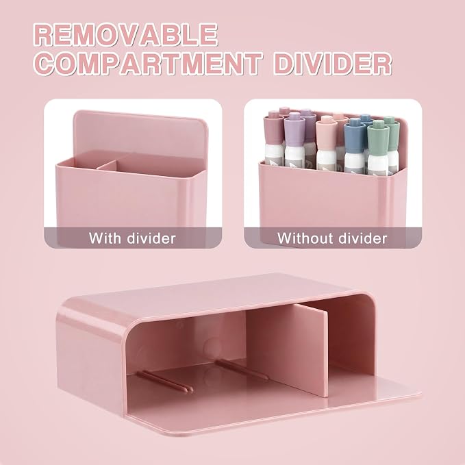 Crtiin 3 Pcs Magnetic Pen Holder Set for Refrigerator, Magnetic Desk Organizer with 1 Large 2-Compartment and 2 Small Holders, Marker Holder for Refrigerator, Whiteboard, Home Office(Pink)