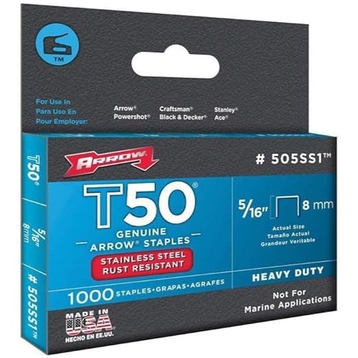 Arrow Fastener 505SS1 Heavy Duty T50 Stainless Steel Staples for Upholstery, Construction, Furniture, Crafts, 5/16-Inch Leg Length, 3/8-Inch Crown Size, 1000-Pack