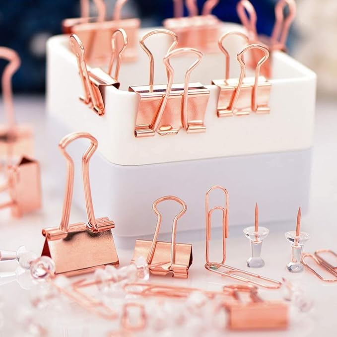 Paper Clips Binder Push Pin Set, Assorted Sized Binder Clips | Cute Office Supplies, Aesthetic Desk Accessories Teachers Desk Must Have, Paper Clips and Binder Clips Set, Rosegold, 1 Pack