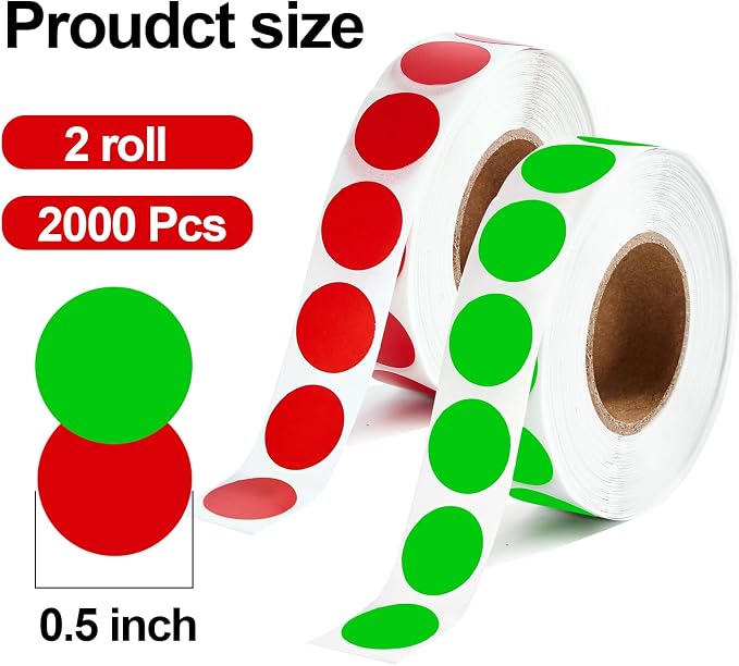 2000 Pcs Round Stickers 1/2 Inch Color Circle Red Green Dot Stickers Small Code Labels for Office Shop Yard Sale Home Classroom Marking