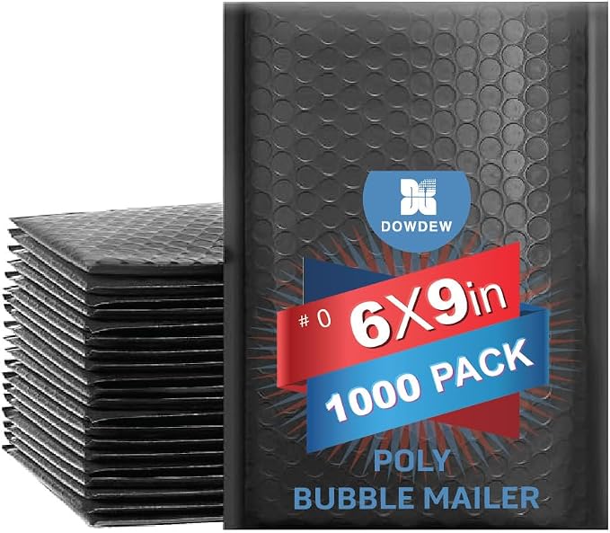 Water Resistant Bubble Envelope Mailers [1,000 Pack] 6 inch x 9 inch #0 Black Poly Padded Shipping Envelopes Self Sealing Cushioned Packaging Bags