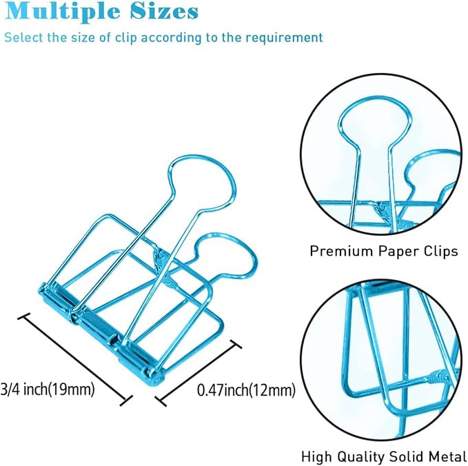 Small Binder Clips, 36 Pack, 3/4 Inch, Standard 19mm, Hollow Out Blue, Paper Clips, Fold Clamp, Capacity 0.31 Inch, Paper Clips, Micro Office Clips
