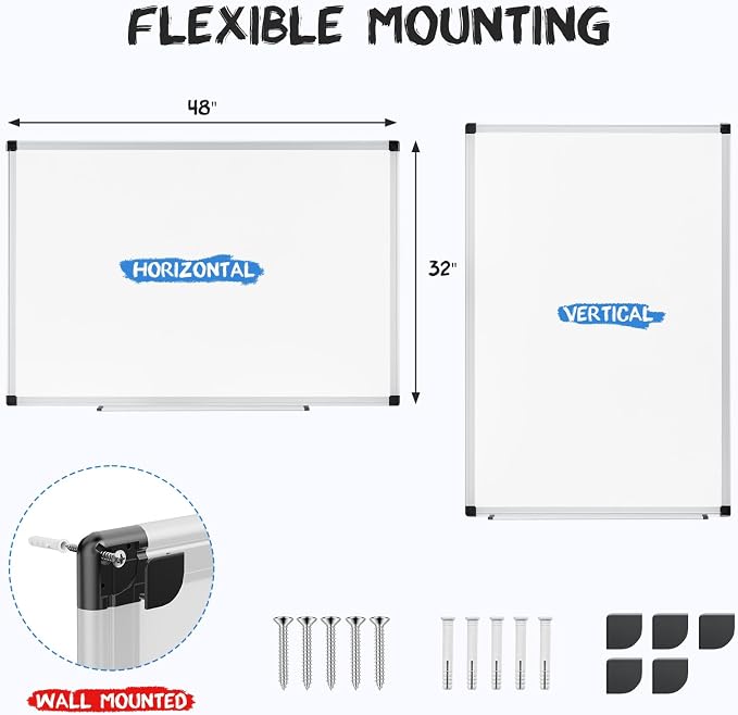 DUMOS Magnetic White Board Kit for Wall 48" x 32", Dry Erase Board with 1 Dry Eraser & 2 Multicolor Markers & 4 Magnetic Pins, Silver Reinforced Aluminum Frame for Home, School, Office