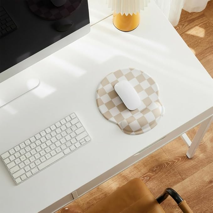 Beige White Checkered Mouse Pad with Gel Wrist Rest, Wrist Support, Ergonomic Desk Accessories for Women, Office Laptop Gaming Decor, Cute Aesthetic Check Design