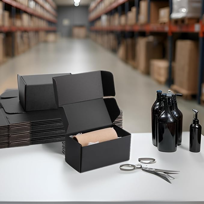 8x4x4 inch Black Shipping Boxes for Small Business- Set of 25 | Sturdy ECT 32 Corrugated Cardboard Mailer Boxes, Easy Assemble for Packaging, Mailing, Gift