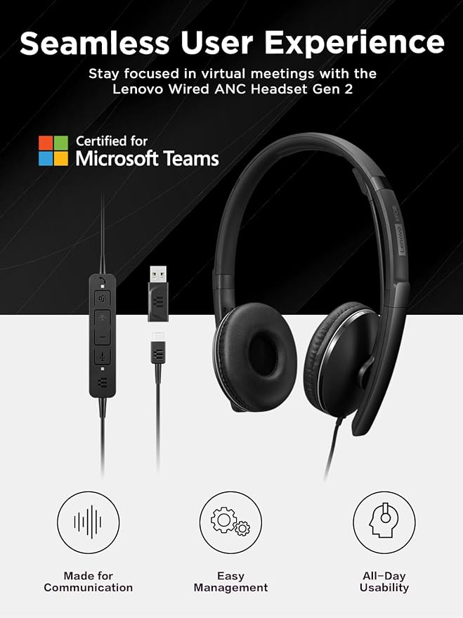 Lenovo Wired ANC Headset Gen 2 (Teams) with Active Noise Cancellation, EPOS BrainAdapt & ActiveGard Tech, Lightweight, USB-C, Plug-and-Play, Zoom Certified, Customizable, Hearing Protection | Includes USB-A converter, travel pouch and 2 year warranty f...