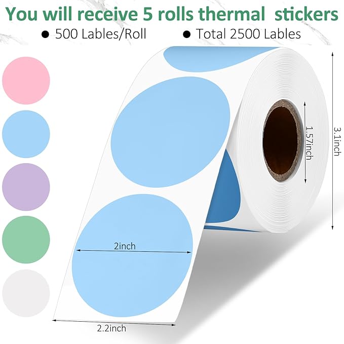 2500 Pcs 2 Inch Circle Thermal Sticker Labels Self Adhesive Round Direct Thermal Labels Multipurpose Printer Stickers for DIY Logo Design, Qr Code, Name Tag