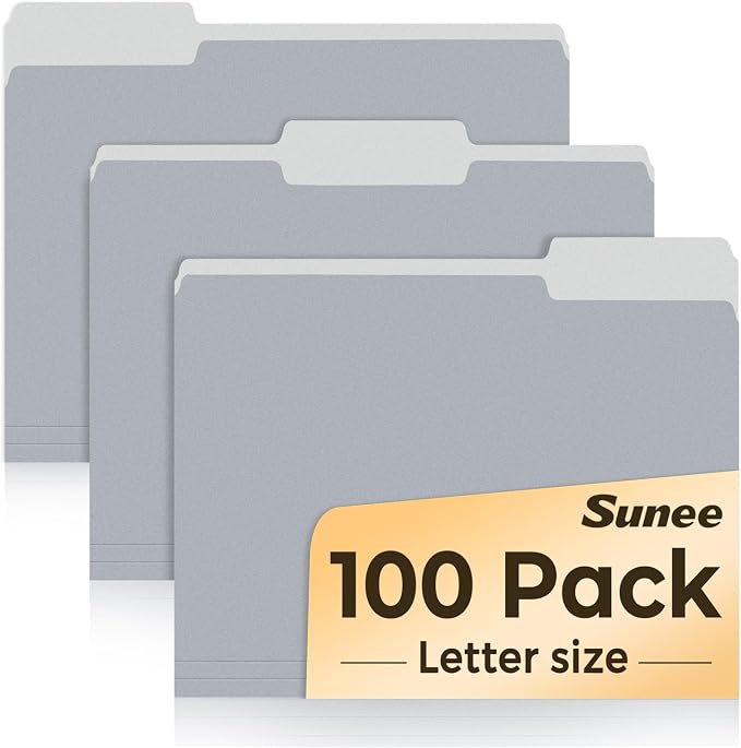 SUNEE File Folders Letter Size Gray, 100 Pack Manilla Folders 8.5 x 11 1/3-Cut Tabs, Colored File Folders Office Home School for Documents Files Paper
