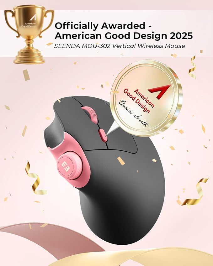 seenda MOU-302 Wireless Bluetooth Ergonomic Vertical Mouse with Volume Knob | Rechargeable 3-device mice for small/medium hands with quiet clicks, 1000/1600/2400 DPI for PC, laptop, MacBook, Black Pink