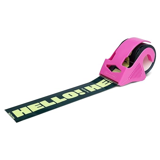 Decorative Packing Tape with Pink Dispenser – Hello! I'm Here, Dark Green Mint, 1.88" x 22.2 Yards – Cute Printed Shipping Tape for Gifts, Small Business Essentials, and Mailers