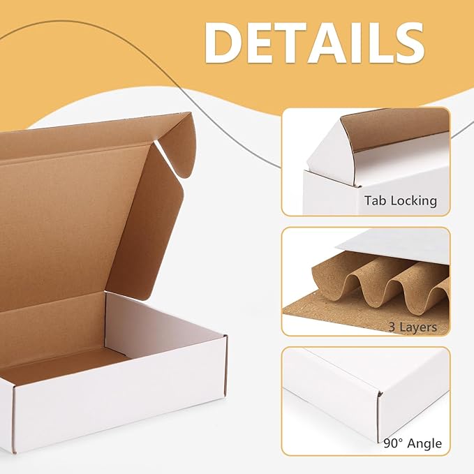 EXYGLO 6 Pack 12x9x3 Shipping Boxes, White Corrugated Cardboard Boxes for Packaging Small Business, Moving, Shipping, Mailing, and Storing