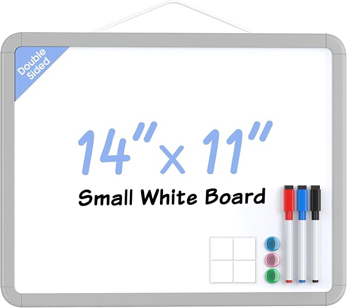 MaxGear Small Dry Erase Board for Wall, 14"x 11" Hanging Double-Sided Whiteboard with 3 Dry Erase Markers, 3 Magnets, Portable White Board for Planning, Drawing, Memo, to Do List, Grey Frame