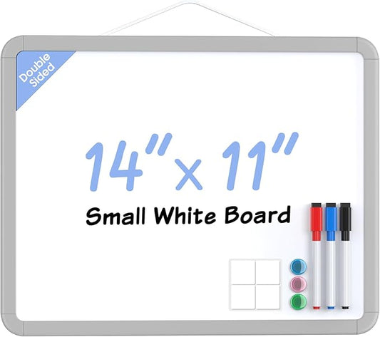 MaxGear Small Dry Erase Board for Wall, 14"x 11" Hanging Double-Sided Whiteboard with 3 Dry Erase Markers, 3 Magnets, Portable White Board for Planning, Drawing, Memo, to Do List, Grey Frame