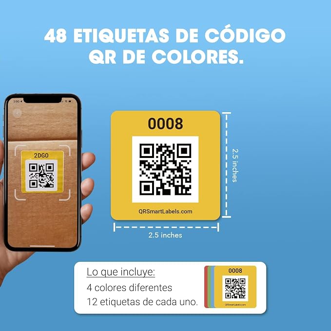 SmartLabels - Etiquetas QR en Español - Con App de Análisis de Fotos IA - Crea Descripciones Sin Escribir - para Inventario Fácil, Organización de Bodegas o Etiquetas de Mudanza - Paquete de 48