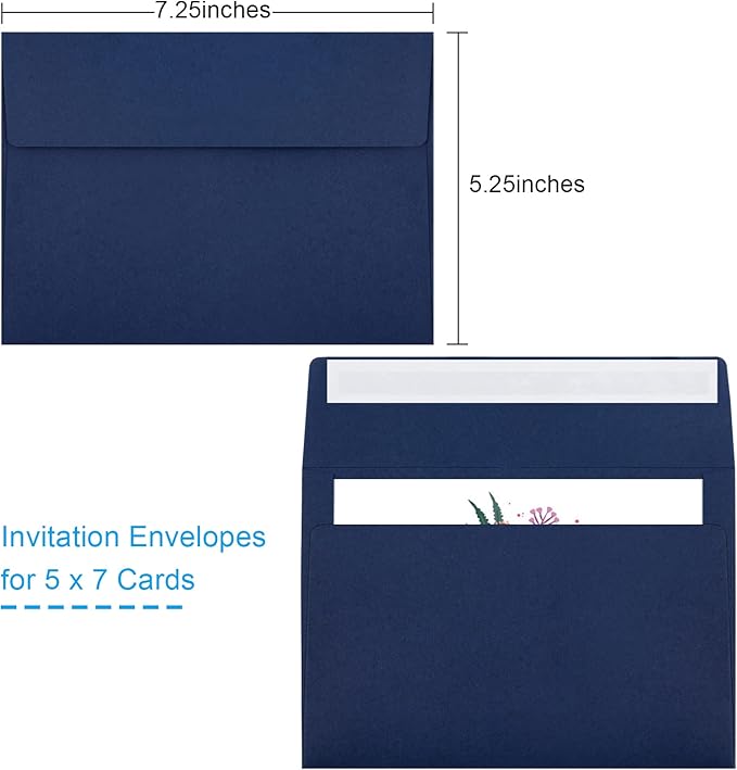 50 Packs 5x7 Envelopes A7 for Invitations, Printable Invitation Envelopes Self Seal for Weddings, Invitations, Photos, Greeting Cards, Mailing (Navy Blue)