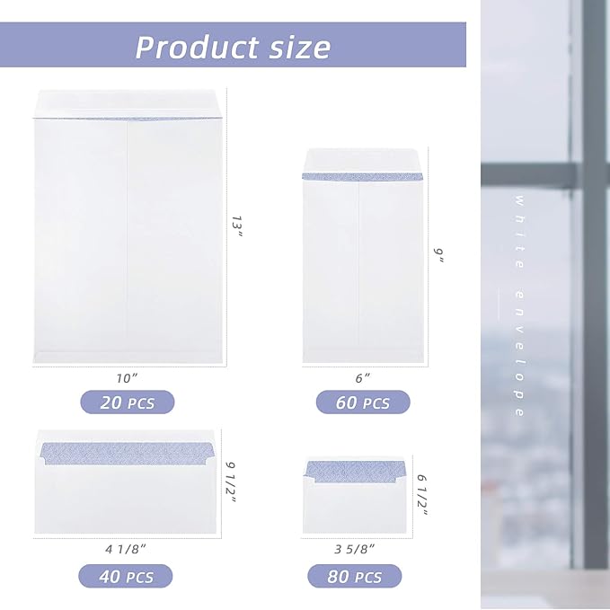 Zonon 4 Sizes Seal Flap Self Stick Envelopes with Strong Peel, Businesses Envelopes Designed for Secure Mailing, 200 Pieces, 10 x 13 Inch, 6 x 9 Inch, 4-1/8 x 9-1/2 Inch, 3-5/8 x 6-1/2 Inch