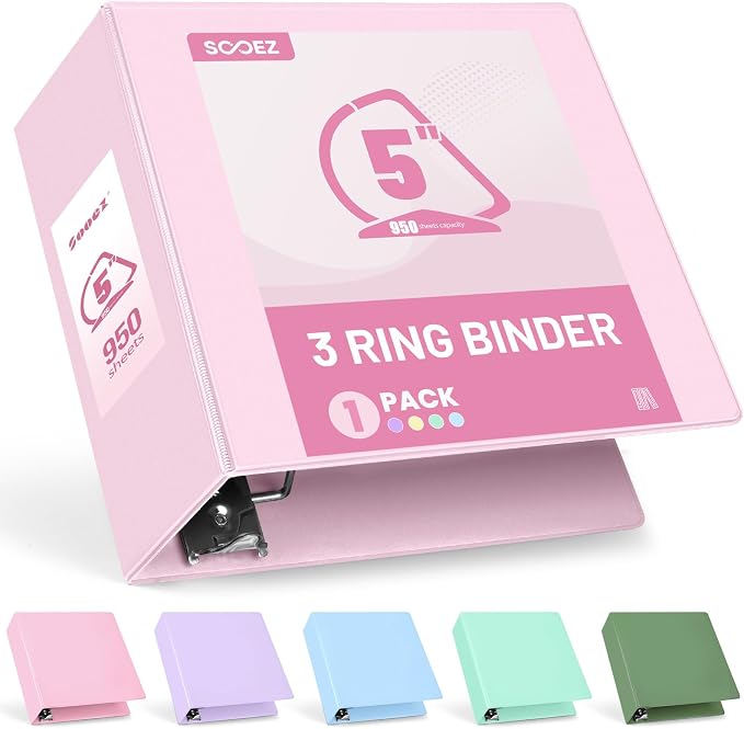 Sooez 3 Ring Binder 5 Inch, Extra Large Binder with Pockets, Pink, 8.5"x11" | Holds 950-Sheet of Letter Paper, Extra Durable, PVC-Free, Clear View Cover, Interior Pockets, Eco-Friendly, School, Office