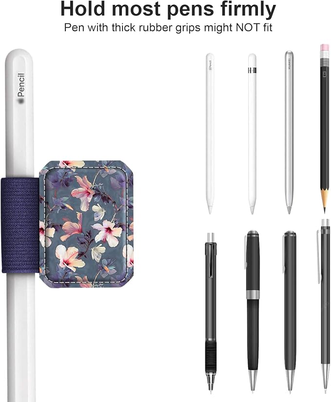 Fintie 4 Pack Pen Loop Holder for Apple Pencil Pro, USB-C/1st/2nd Gen | Elastic Adhesive PU Leather Sleeve, Secure Pen Holder, Attaches to Tablet Cases, Fits Stylus Pens, Blooming Hibiscus