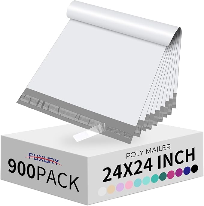Fuxury 900 Pcs 24x24" Poly Mailers,Waterproof Mailing Envelopes for Clothing, Strong Adhesive Poly Shipping Postage Bags for Small Business(White)