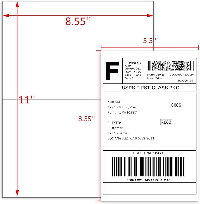 Half Sheet Shipping Labels, 8.5" x 5.5" Address Labels, Half Sheet Self Adhesive Mailing Labels for Laser & Inkjet Printers (100 Sheets, 200 Labels)