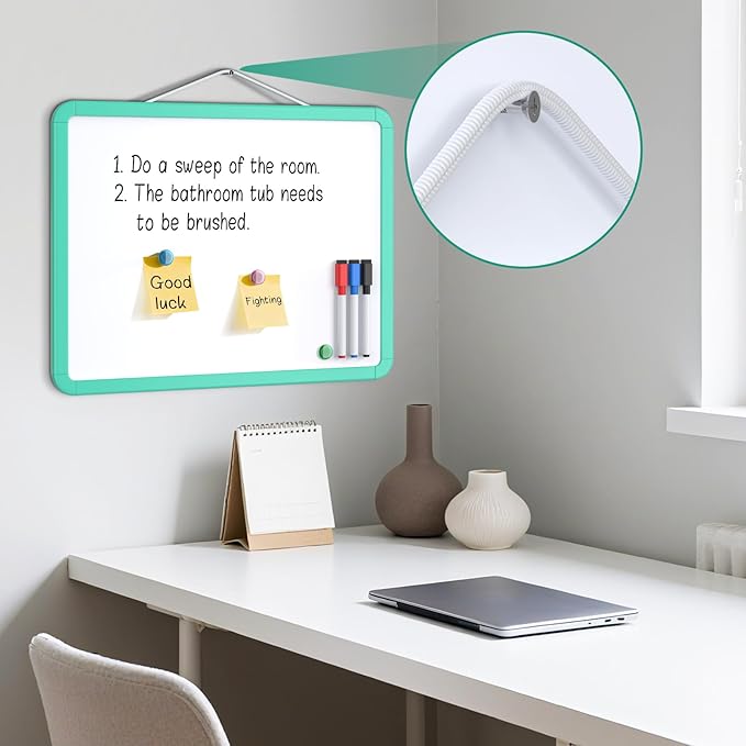 MaxGear Small Dry Erase Board for Wall, 14"x 11" Hanging Double-Sided Whiteboard with 3 Dry Erase Markers, 3 Magnets, Portable Mini White Board for Planning, Drawing, Memo, to Do List, Green Frame