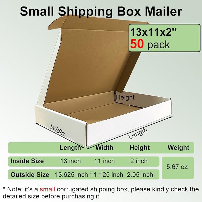 50 Pack 13x11x2'' Shipping Boxes, White Corrugated Cardboard Mailers for Mailing Packaging Small Business (W13112-50)