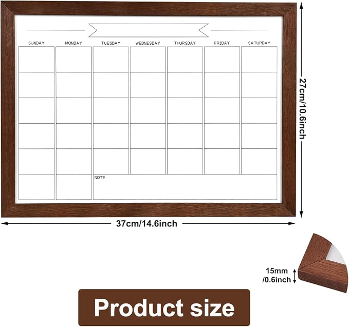 Dry Erase Monthly Calendar Whiteboard, Magnetic White Board for Wall,Brown | Small 10.6"x 14.6",Hanging Board for Office, Home School, Solid Pine Wood Black Framed Message Board