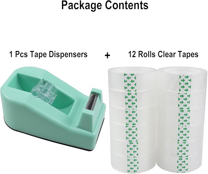 Desktop Tape Dispenser,1 Pack Green Tape Dispensers with 12Rolls Transparent Tape, for Packaging in Office,Restaurant, Flower Shop,Cake Shop (Green)