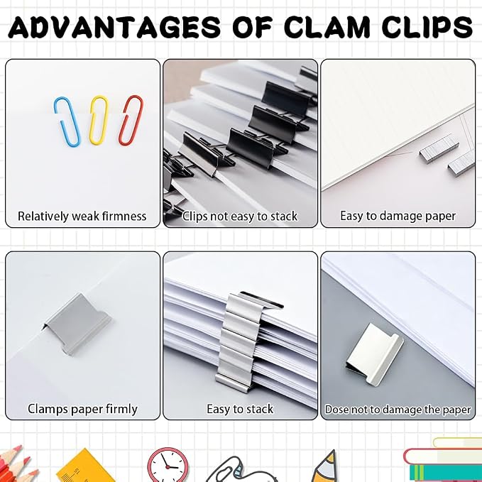 Portable Binder Clip Stapler, 4 Pcs Handheld Paper Clam Clip Dispenser, Staple Free Clips Binder Set with Metal Refill Clips for Home School Office Fixing Documents, Clear Black Pink and Macaroon Blue