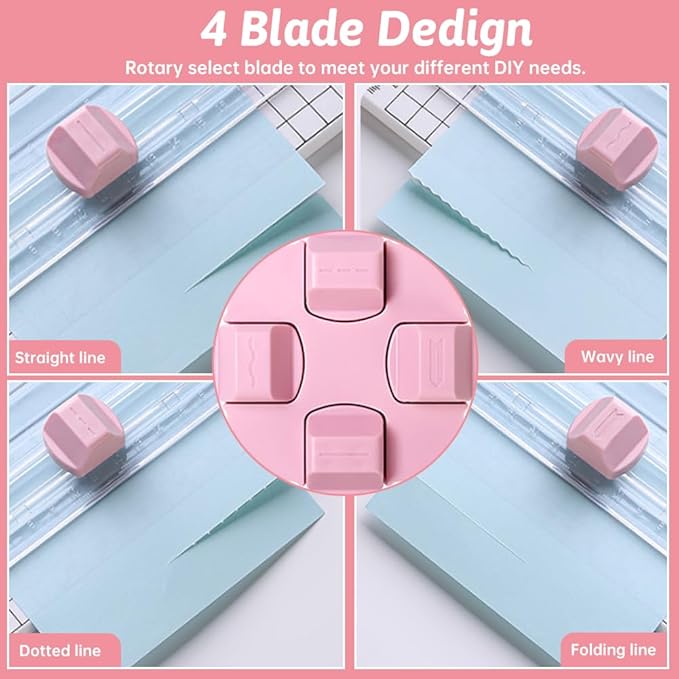 Paper Cutter,4-in-1 Paper Trimmer,Photo Cutter,Multi-Function Scrapbooking Tool with Dial Blades of Straight,Wave,Perforated,Creasing for Cutting Paper,Coupons,Postcards,Card (Pink)