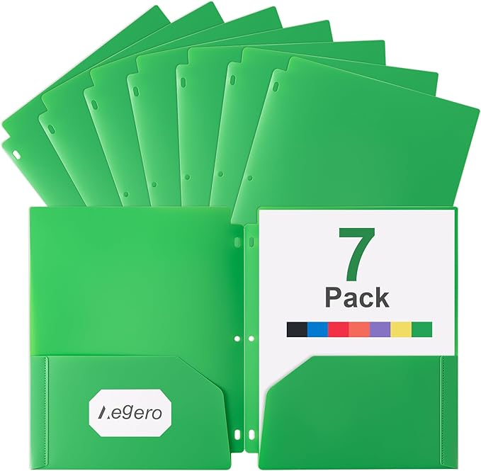 Plastic 3 Hole Punch Folders with Pockets (7 Pack, Green), Fits 3-Ring Binder, Divider Folder for Notebook, Durable Poly，Holds US Standard 8.5x11 Letter Size Paper