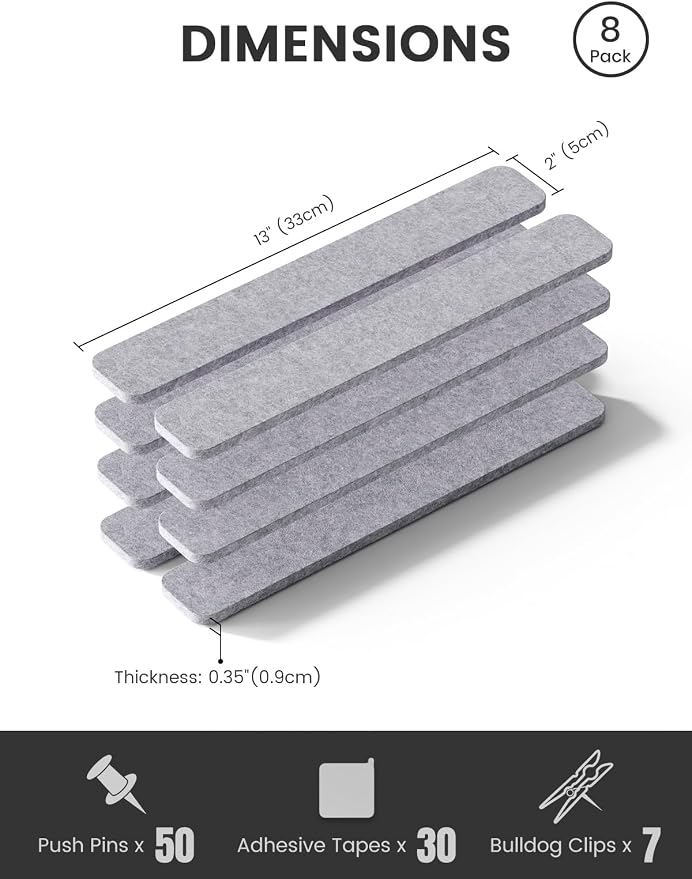 Fluxynara 13" x 2" Felt Wall Panels, Soft Gray | 8-Pack Includes 50 Push Pins and Adhesive Tabs for Photos, Notes and Decor in Bedroom Doors, Home Office or Studios