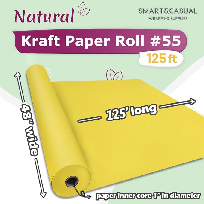 SMART&CASUAL 48" x 1,500" (125') Lemon Yellow Kraft Craft Paper Roll for Gift Wrapping Bulletin Board Bouquet Flower Kids Art Packing Parcel Table Covering 80GSM 55LB (Lemon Yellow, 48" x 125')
