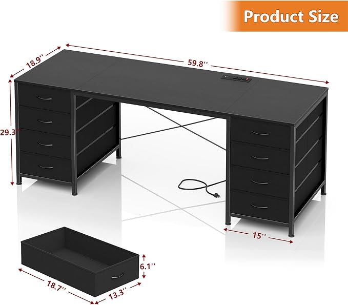 60 Inch Computer Desk with 8 Drawers for Home Office, Bedroom, Living Room | Home Office Desk with Power Outlets, Work Study Gaming Desk with 8 Fabric Drawers, White